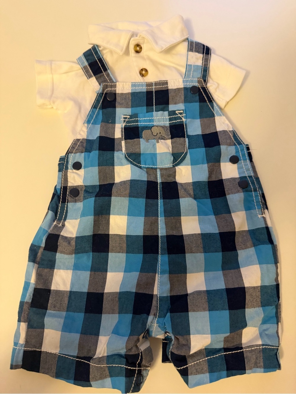 Carter's Blue Plaid Shortalls with Embroidered Elephant